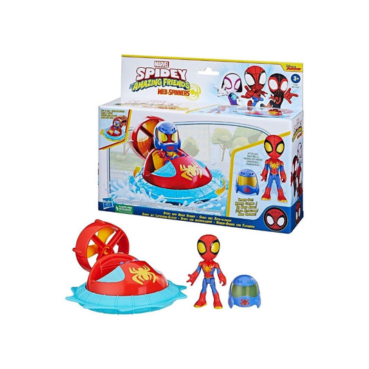 Marvel Spidey and His Amazing Friends Web-Spinners Hover Spinner vehicle packaging box next to Spidey action figure, red hovercraft toy, and blue helmet accessory.