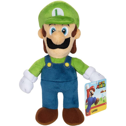 Super Mario Luigi 9-inch plush showing attached official Nintendo Super Mario product tag.