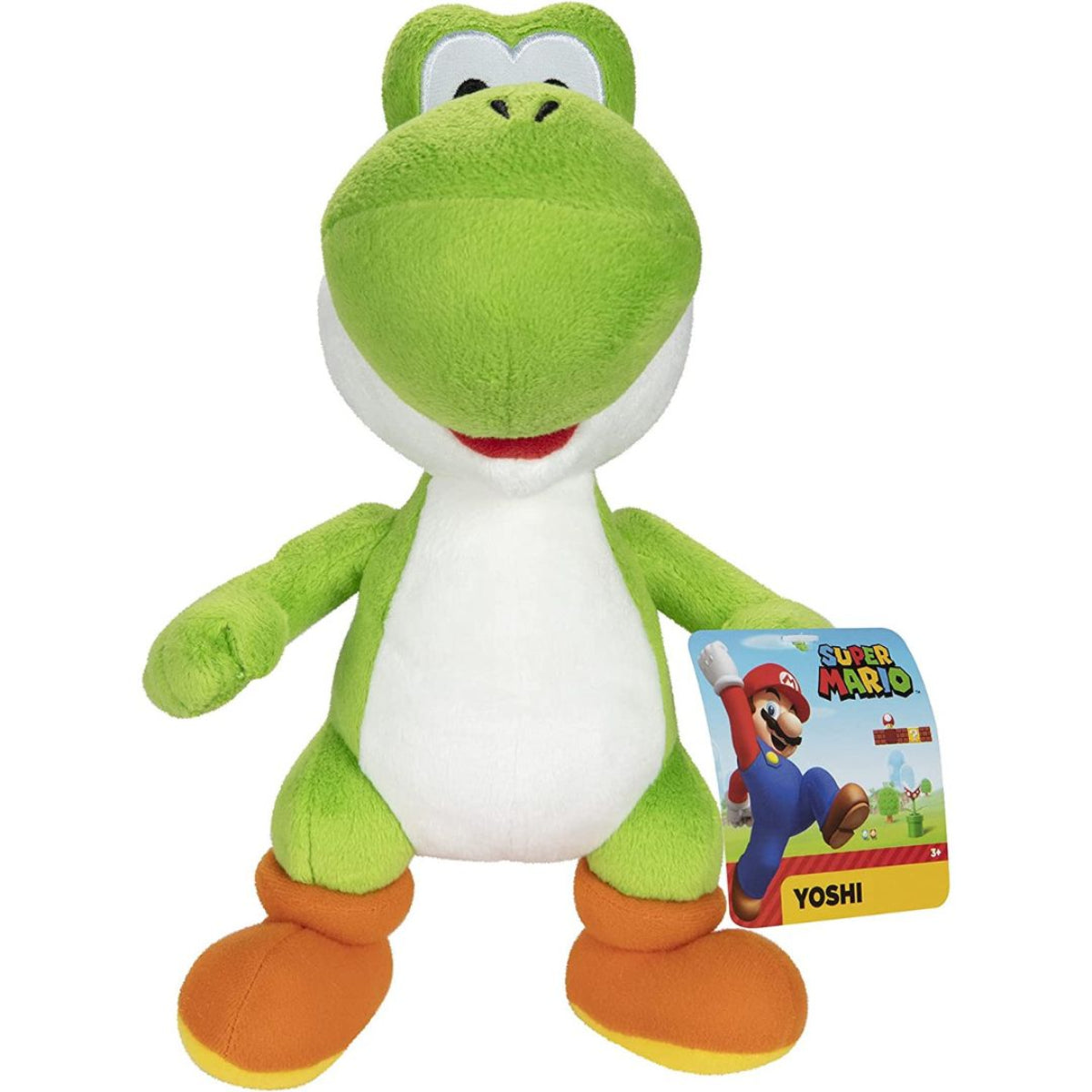 Super Mario Yoshi 9-inch plush showing attached official Nintendo Super Mario product tag.