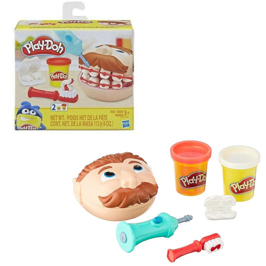 Play-Doh Mini Doctor Drill 'n Fill Set packaging box next to patient head, tooth mold, teal drill tool, red toothbrush, and 2 Play-Doh compound cans.