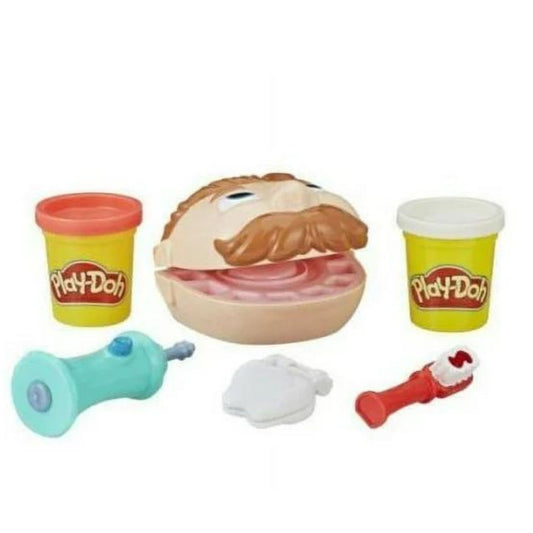 Layout thumbnail of open patient head showing Play-Doh teeth, tooth press mold, hand drill, toothbrush, and white and red Play-Doh cans.