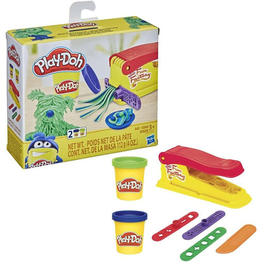 Play-Doh Mini Fun Factory Set packaging box next to yellow and red mini extruder machine, 3 shaping rails, orange knife tool, and 2 compound cans.