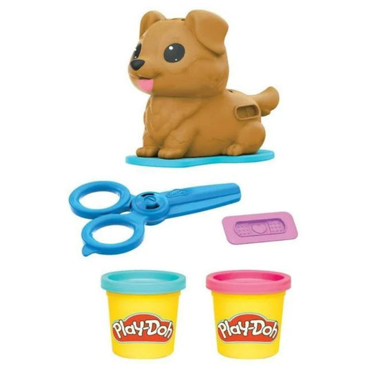 Layout thumbnail of the brown dog figure sprouting blue and pink Play-Doh fur, blue toy scissors, purple stamp tool, and two compound cans.