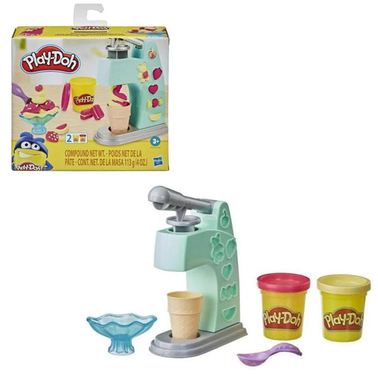 Play-Doh Mini Ice Cream Playset packaging box displayed alongside mint green ice cream press machine, toy cone, blue dessert dish, purple spoon, and 2 Play-Doh cans.