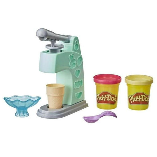 Layout thumbnail of the mini soft-serve extruder tool, plastic cone, blue dessert bowl, purple spoon, and two yellow and pink Play-Doh compound cans.