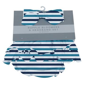 Newcastle Classics Blue and White Stripe Ultimate Road Trip Ruffle Bamboo Bloomers and Headband Set