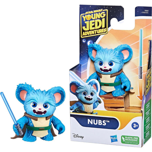 Star Wars Young Jedi Adventures Nubs 2.5-inch action figure packaging card displayed next to unboxed blue Poeba figure with lightsaber.