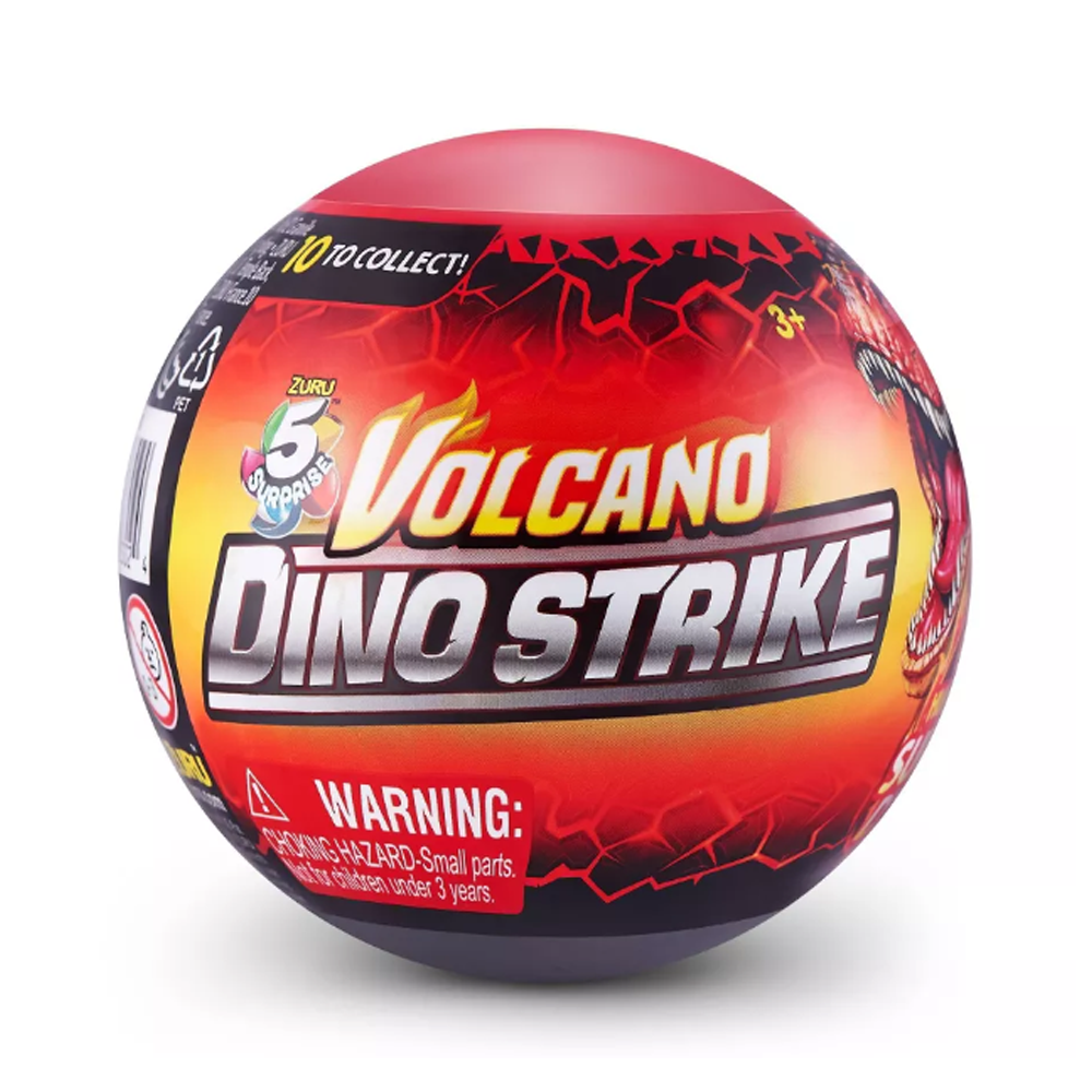 Front view of sealed red and black 5 Surprise Volcano Dino Strike mystery capsule.