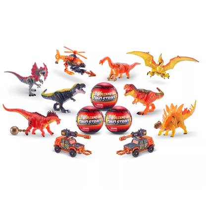Assortment thumbnail displaying various Volcano Series 4 buildable dinosaurs and vehicles with mystery capsules.