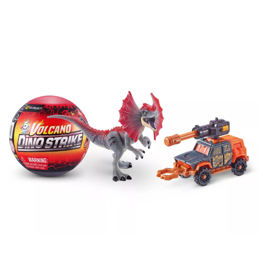 ZURU 5 Surprise Dino Strike Volcano Series 4 mystery capsule next to assembled Dilophosaurus dino and battle vehicle.